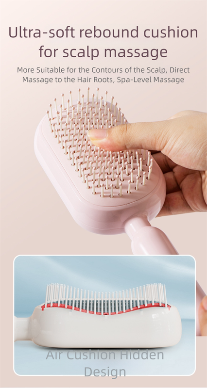 White Innovative Self-Cleaning Cushion Hairbrush - Retractable Bristle Detangling & Scalp Massager