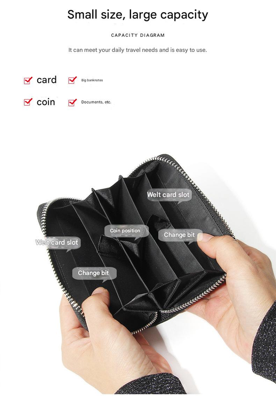 Genuine Leather RFID Blocking Accordion Card Holder & Coin Purse - Large Capacity Zip Wallet(black)