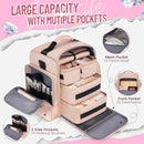 Large Capacity Travel Makeup Backpack with 5 Removable Organizer Cases & Jewelry Roll(pink)
