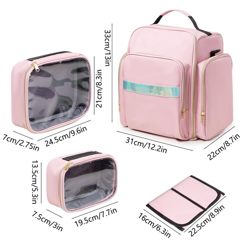 Large Capacity Travel Makeup Backpack with 5 Removable Organizer Cases & Jewelry Roll(pink)