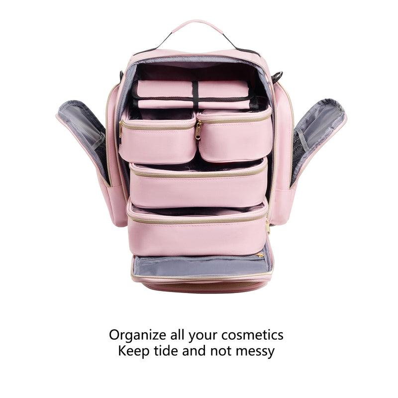 Large Capacity Travel Makeup Backpack with 5 Removable Organizer Cases & Jewelry Roll(pink)