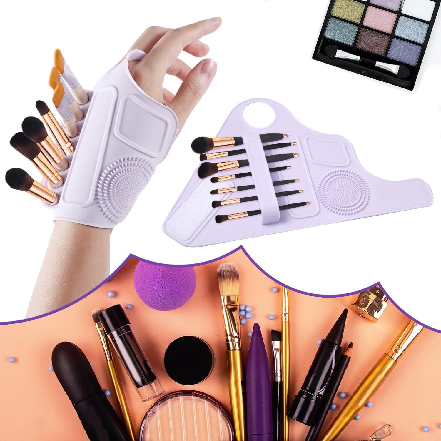 2pc Multi-Functional Silicone Makeup Artist Wristband - Wearable Palette, Brush Holder & Cleaner(Purple)