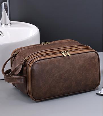 Large Capacity PU Leather Toiletry Bag - Multi-Compartment Dopp Kit & Cosmetic Organizer(Tan)