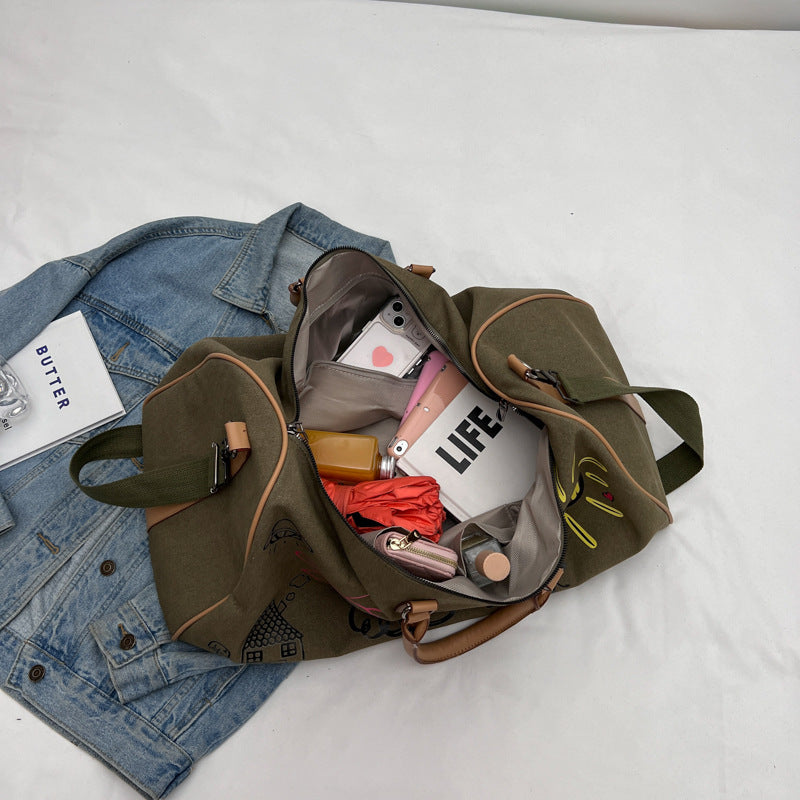 Large Capacity Canvas Travel Duffel Bag with Doodle Print - Weekend & Gym Tote(black)