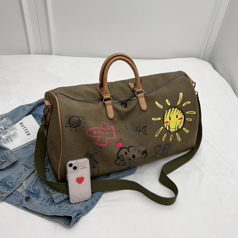 Large Capacity Canvas Travel Duffel Bag with Doodle Print - Weekend & Gym Tote(Green)