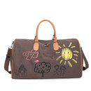 Large Capacity Canvas Travel Duffel Bag with Doodle Print - Weekend & Gym Tote(Coffee)