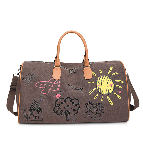 Large Capacity Canvas Travel Duffel Bag with Doodle Print - Weekend & Gym Tote(Coffee)
