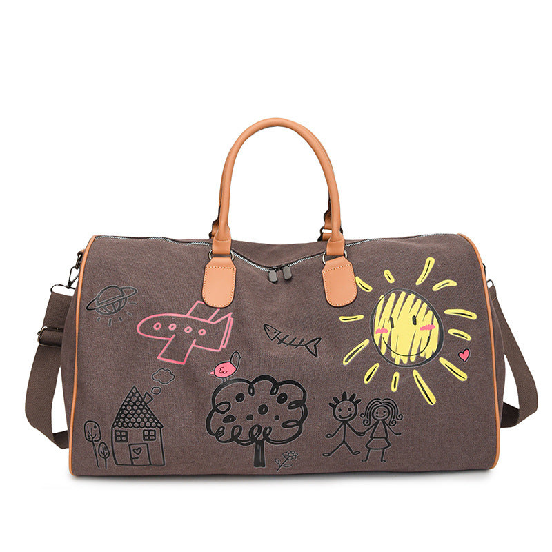 Large Capacity Canvas Travel Duffel Bag with Doodle Print - Weekend & Gym Tote(Coffee)