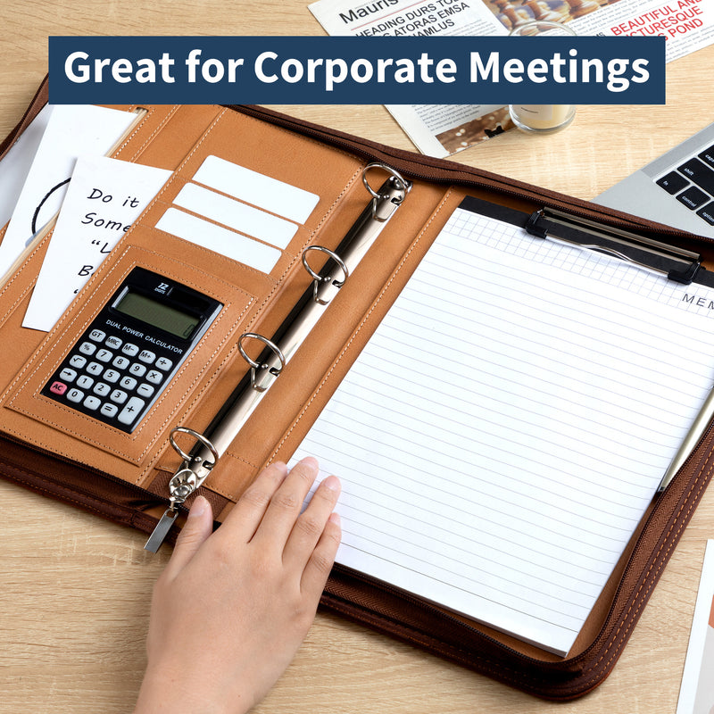 Professional PU Leather A4 Portfolio Binder with Zipper, Handle, Calculator & Clipboard(black)