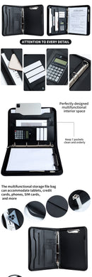 Professional PU Leather A4 Portfolio Binder with Zipper, Handle, Calculator & Clipboard(black)