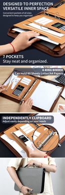 Professional PU Leather A4 Portfolio Binder with Zipper, Handle, Calculator & Clipboard(black)