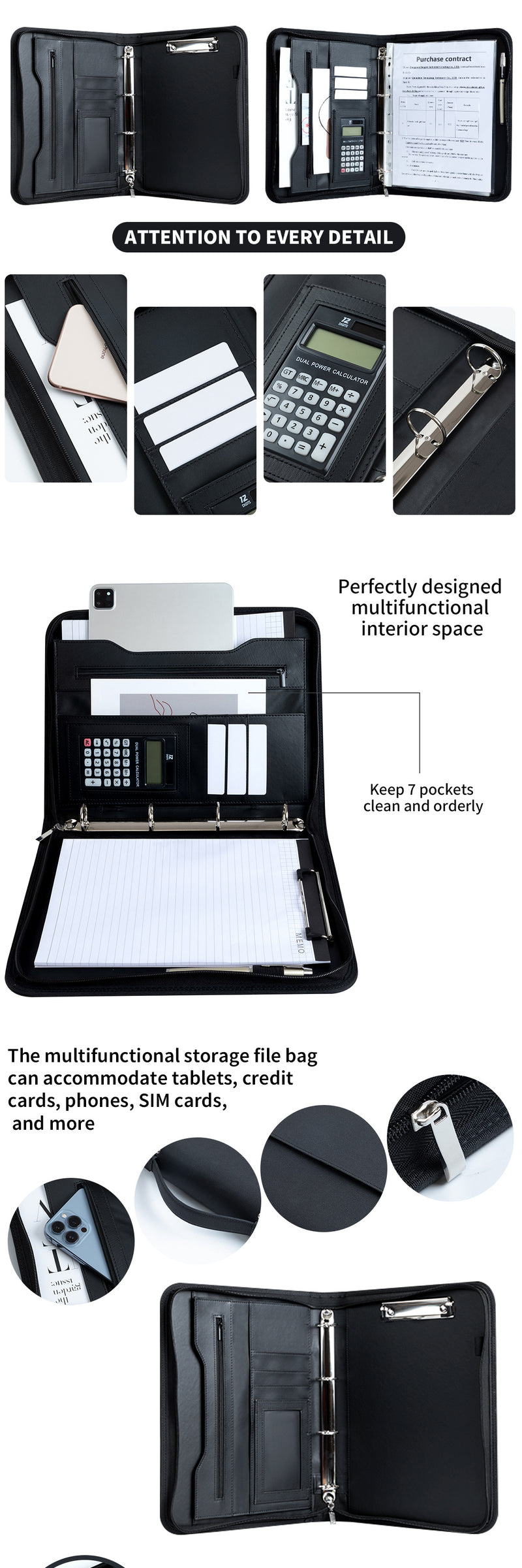 Professional PU Leather A4 Portfolio Binder with Zipper, Handle, Calculator & Clipboard(grey)