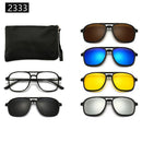 7-in-1 Magnetic Clip-On Sunglasses Set with Flexible Frame and Leather Bag - Unisex Double Bridge Aviator Eyeglasses and 5 Pairs of Polarized / Night Vision Lenses (2333 Style)