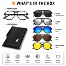 7-in-1 Magnetic Clip-On Sunglasses Set with Flexible Frame and Leather Bag - Unisex Double Bridge Aviator Eyeglasses and 5 Pairs of Polarized / Night Vision Lenses (2333 Style)