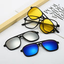 7-in-1 Magnetic Clip-On Sunglasses Set with Flexible Frame and Leather Bag - Unisex Double Bridge Aviator Eyeglasses and 5 Pairs of Polarized / Night Vision Lenses (2333 Style)
