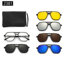 7-in-1 Magnetic Clip-On Sunglasses Set with Flexible Frame and Leather Bag - Unisex Double Bridge Aviator Eyeglasses and 5 Pairs of Polarized / Night Vision Lenses (2381 Style)