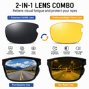 7-in-1 Magnetic Clip-On Sunglasses Set with Flexible Frame and Leather Bag - Unisex Double Bridge Aviator Eyeglasses and 5 Pairs of Polarized / Night Vision Lenses (2381 Style)