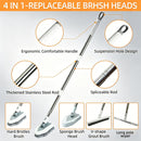 4-in-1 Bathroom Cleaning Brush Set with Sponge Pad, Hard Bristle / V-Shape Grout Brush and Squeegee - 120CM Extendable Stainless Steel Handle, Adjustable & Lockable Angle for Floor, Gap, Window and Bathtub