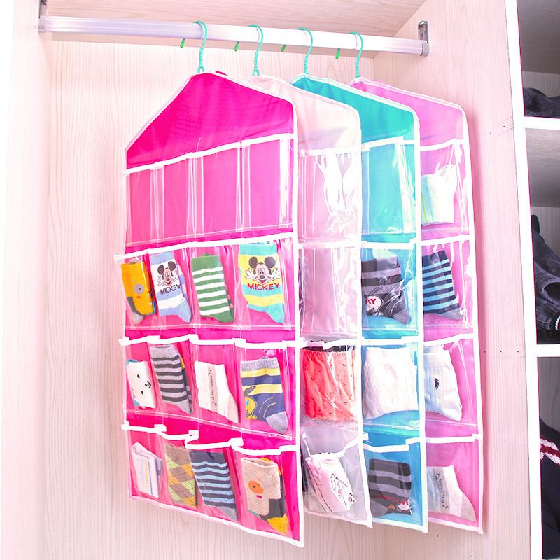 4 Pack Blue Hanging Closet Organizer, Portable 16 Pockets Behind the Door Storage Bag for Underwear, Socks & Small Accessories