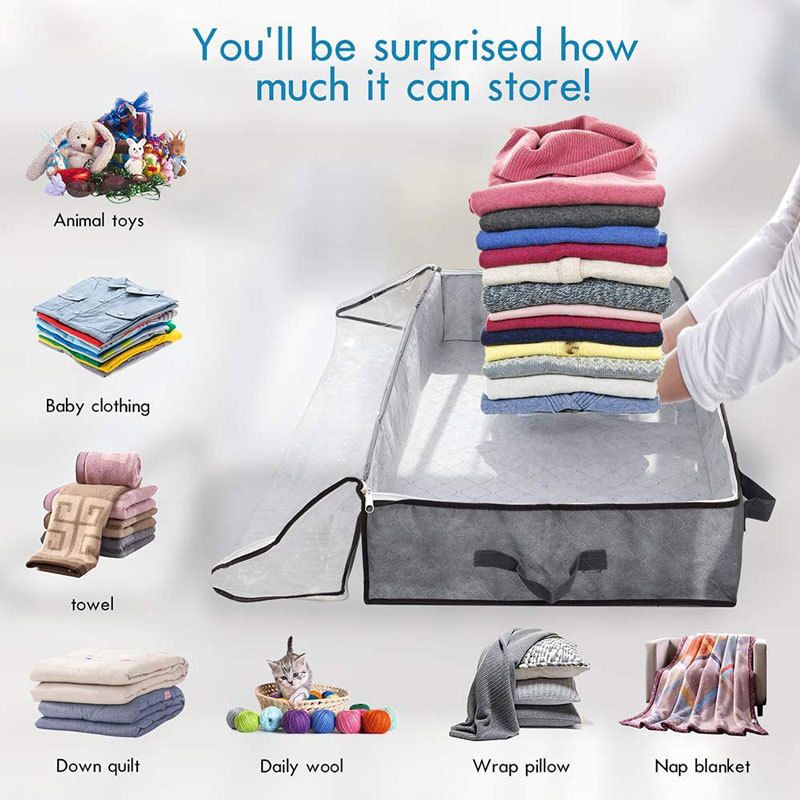 2 Pack Folding Non-Woven Underbed Storage Containers with Clear Top Zipper Lid & 4 Reinforced Handles (Dark Grey 40 x 20 x 6")