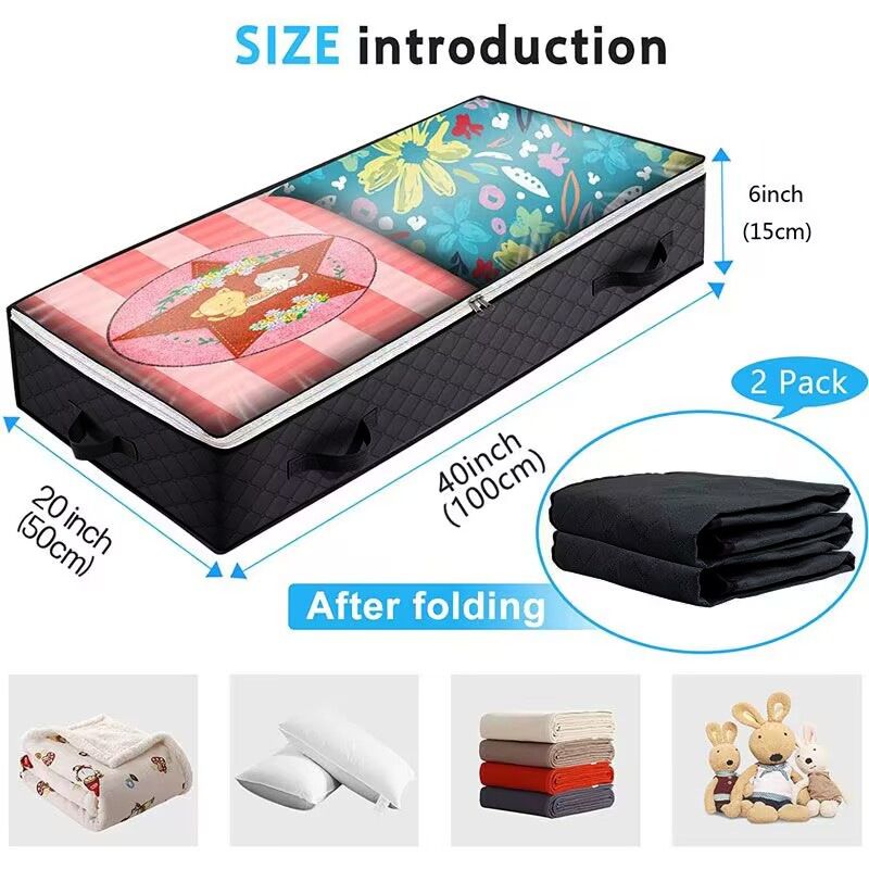 2 Pack Folding Non-Woven Underbed Storage Containers with Clear Top Zipper Lid & 4 Reinforced Handles (Black 40 x 20 x 6")