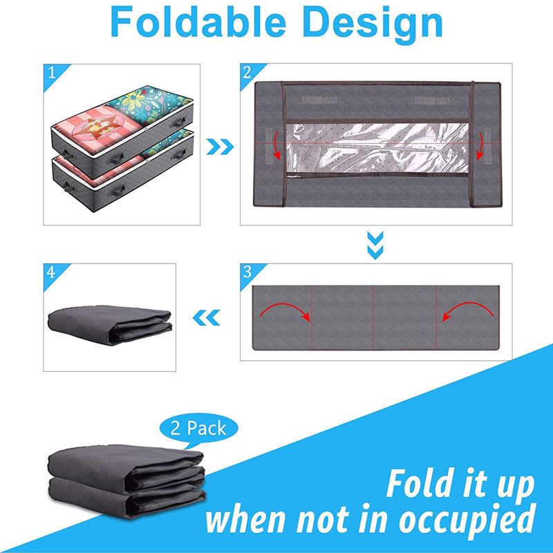 2 Pack Folding Non-Woven Underbed Storage Containers with Clear Top Zipper Lid & 4 Reinforced Handles (Black 40 x 20 x 6")