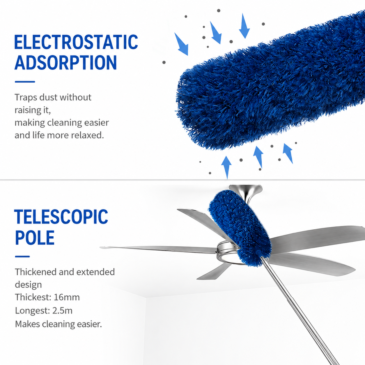 Green 2.5M Extendable High Ceiling Cleaning Kit with Removable Cobweb Duster & Microfiber Brush - 3 Piece Versatile Set, Electrostatic Dust Attraction