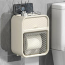 White Wall Mounted Toilet Paper Holder & Bathroom Storage Organizer - Waterproof Double Layer Wall Shelf with Detachable Roll Spindle for Hollow and Solid Paper
