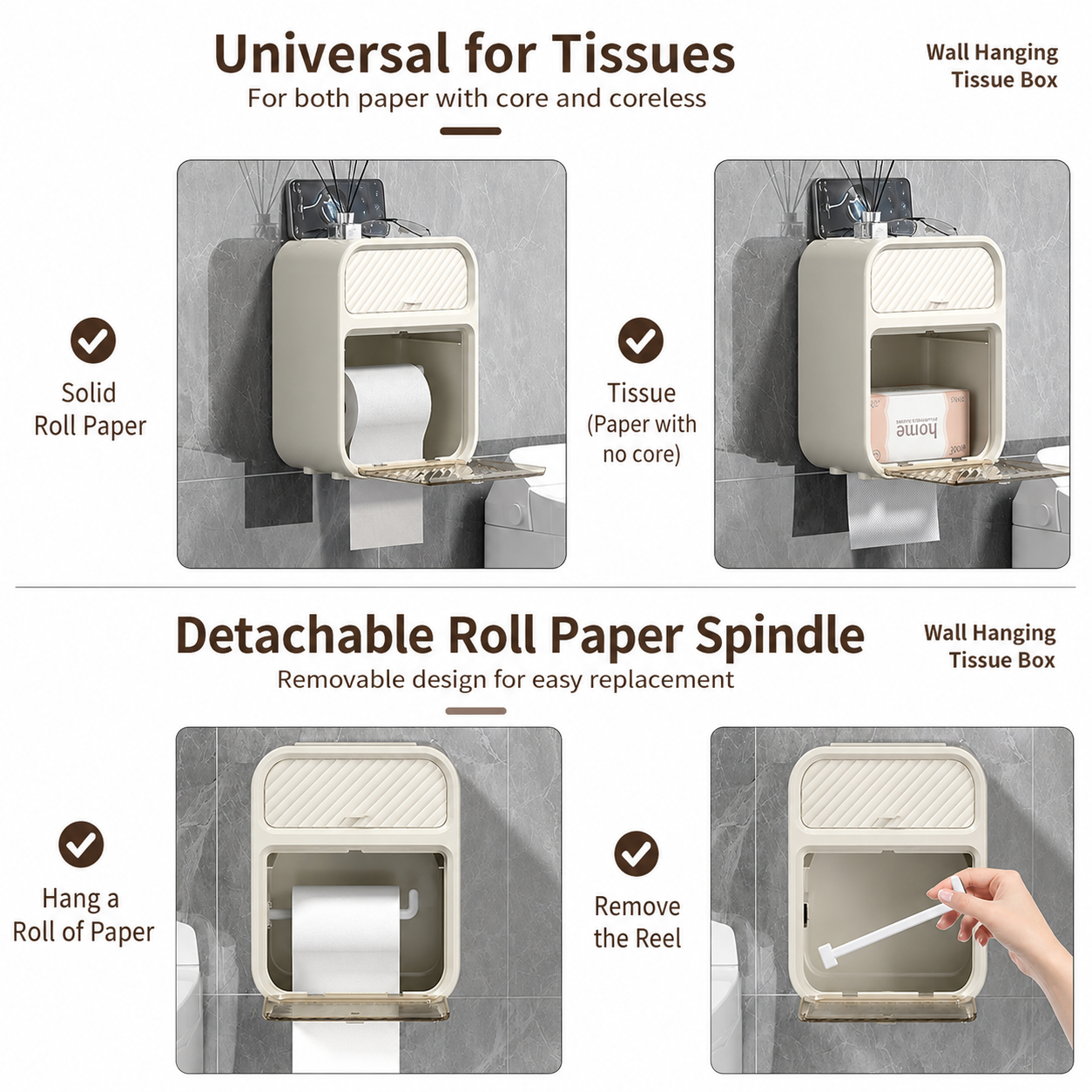 White Wall Mounted Toilet Paper Holder & Bathroom Storage Organizer - Waterproof Double Layer Wall Shelf with Detachable Roll Spindle for Hollow and Solid Paper