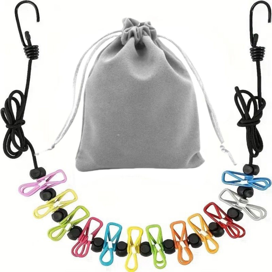 Colorful Portable Windproof Travel Clothesline and Velvet Storage Bag - 1.8M to 4M High Elastic Travel Laundry Line with 12 Clips & 13 Positioning Beads to Prevent Clothes Tangling