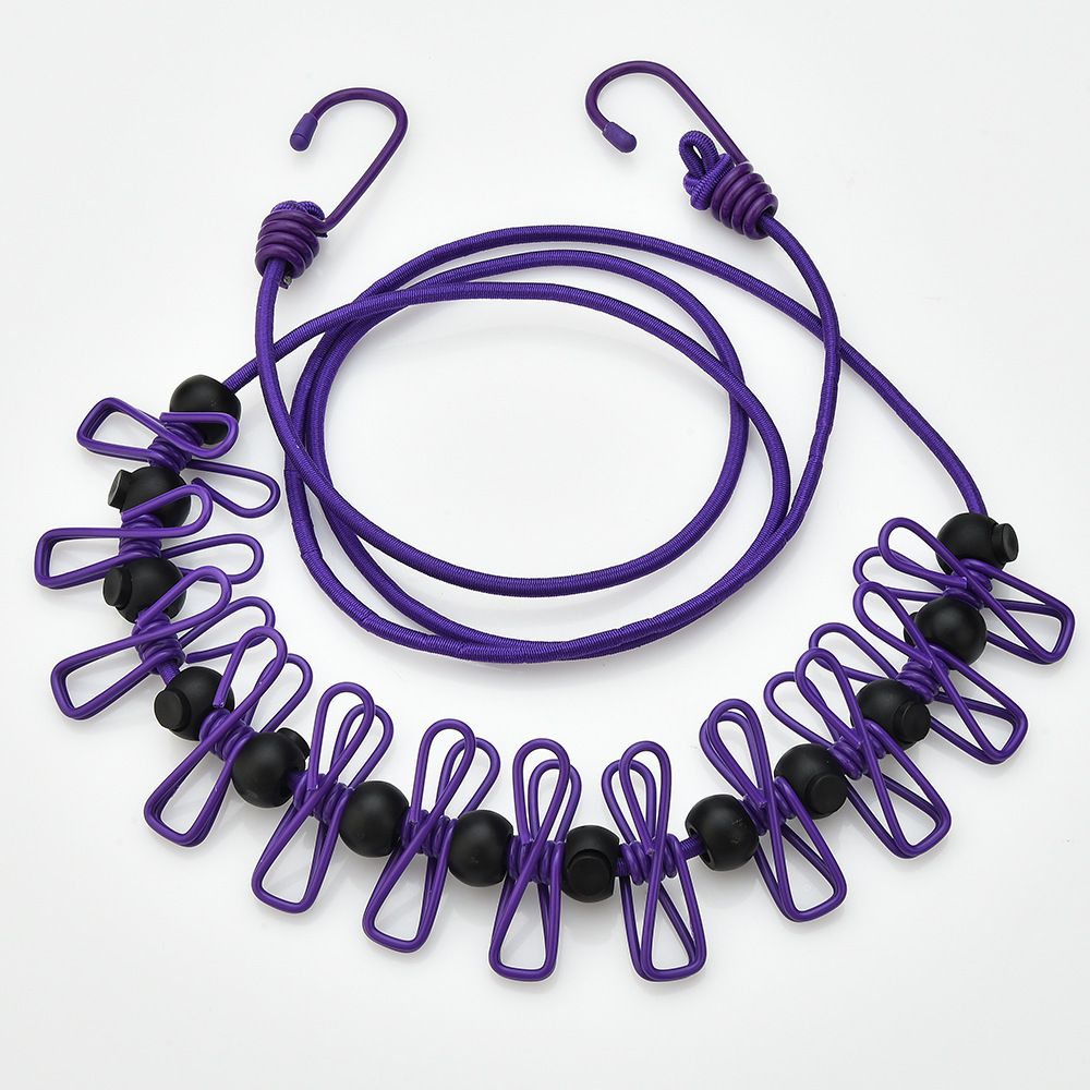 Purple Portable Windproof Travel Clothesline and Velvet Storage Bag - 1.8M to 4M High Elastic Travel Laundry Line with 12 Clips & 13 Positioning Beads to Prevent Clothes Tangling