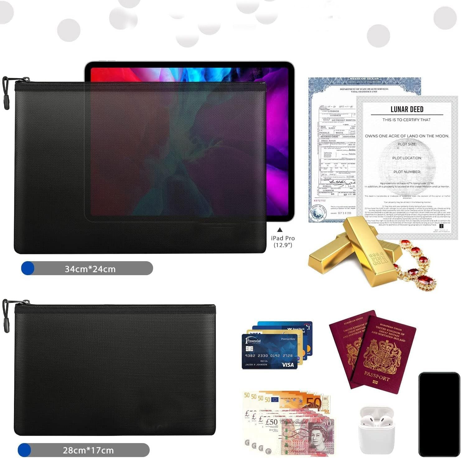 2-Piece Fireproof Document Zipper Bag Set (28x17cm + 34x24 cm) - Waterproof & Heat Resistant Silicone Fiberglass Storage Pouch and Money Bag for Passport Card and Valuables