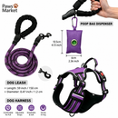 3 Piece Purple No Pull Dog Harness and Leash Set with Poop Bag Holder (M Size) - Adjustable Escape Proof Reflective Vest for Small Medium Large Dogs