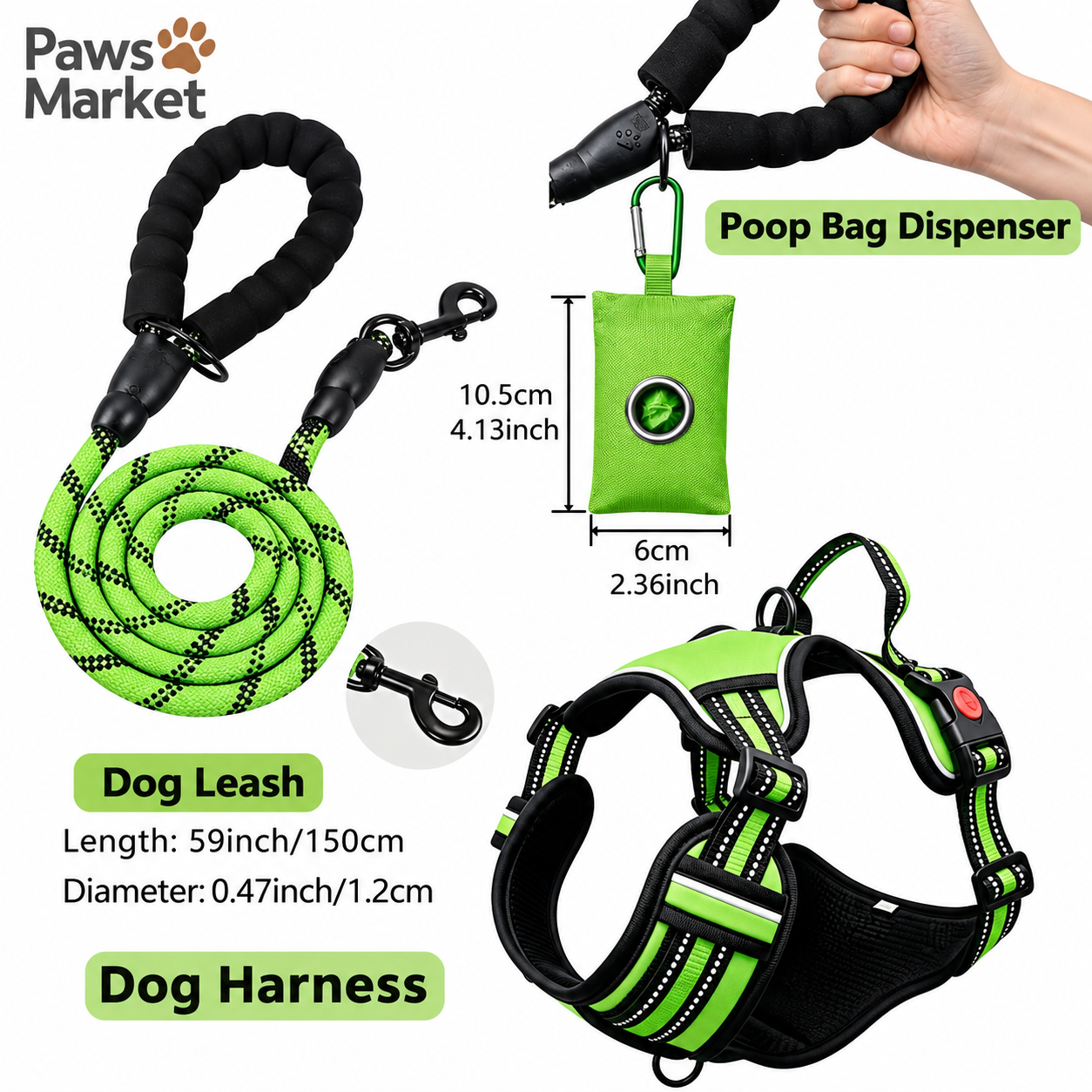 3 Piece Green No Pull Dog Harness and Leash Set with Poop Bag Holder (S Size) - Adjustable Escape Proof Reflective Vest for Small Medium Large Dogs