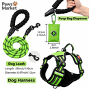 3 Piece Green No Pull Dog Harness and Leash Set with Poop Bag Holder (M Size) - Adjustable Escape Proof Reflective Vest for Small Medium Large Dogs