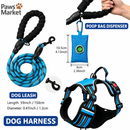3 Piece Blue No Pull Dog Harness and Leash Set with Poop Bag Holder (S Size) - Adjustable Escape Proof Reflective Vest for Small Medium Large Dogs