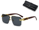 Square Rimless Diamond Cut Sunglasses with Black PU Leather Storage Case - Gold Frame Wood Grain Black Sunscreen Glasses for Men & Women