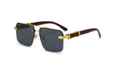 Square Rimless Diamond Cut Sunglasses with Black PU Leather Storage Case - Gold Frame Wood Grain Black Sunscreen Glasses for Men & Women