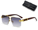 Square Rimless Diamond Cut Sunglasses with Black PU Leather Storage Case - Gold Frame Wood Grain Grey Sunscreen Glasses for Men & Women