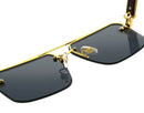 Square Rimless Diamond Cut Sunglasses with Black PU Leather Storage Case - Gold Frame Wood Grain Grey Sunscreen Glasses for Men & Women