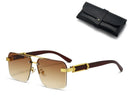 Square Rimless Diamond Cut Sunglasses with Black PU Leather Storage Case - Gold Frame Wood Grain Tea Sunscreen Glasses for Men & Women