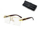 Square Rimless Diamond Cut Sunglasses with Black PU Leather Storage Case - Gold Frame Wood Grain White Sunscreen Glasses for Men & Women