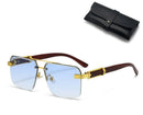 Square Rimless Diamond Cut Sunglasses with Black PU Leather Storage Case - Gold Frame Wood Grain White Sunscreen Glasses for Men & Women