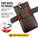 Brown Vertical Leather Phone Holster with 3 Pockets and Carabiner Clip - Belt Loop Waist Bag & Outdoor Pouch (Large Size)