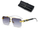 Square Rimless Diamond Cut Sunglasses with Black PU Leather Storage Case - Gold Frame Marble Grey Sunscreen Glasses for Men & Women