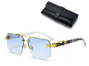 Square Rimless Diamond Cut Sunglasses with Black PU Leather Storage Case - Gold Frame Marble Blue Sunscreen Glasses for Men & Women