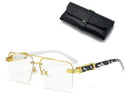 Square Rimless Diamond Cut Sunglasses with Black PU Leather Storage Case - Gold Frame Marble Blue Sunscreen Glasses for Men & Women