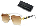 Square Rimless Diamond Cut Sunglasses with Black PU Leather Storage Case - Gold Frame Marble Tea Sunscreen Glasses for Men & Women