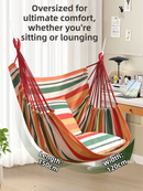 Blue Green Stripes Oversized Hanging Swing Chair Canvas Hammock + 2 Pack 45 x 45CM Pillows Set (120 x 150 CM) - Portable Indoor & Outdoor Thickened Leisure Hammock Chair with Binding Ropes and Storage Bag