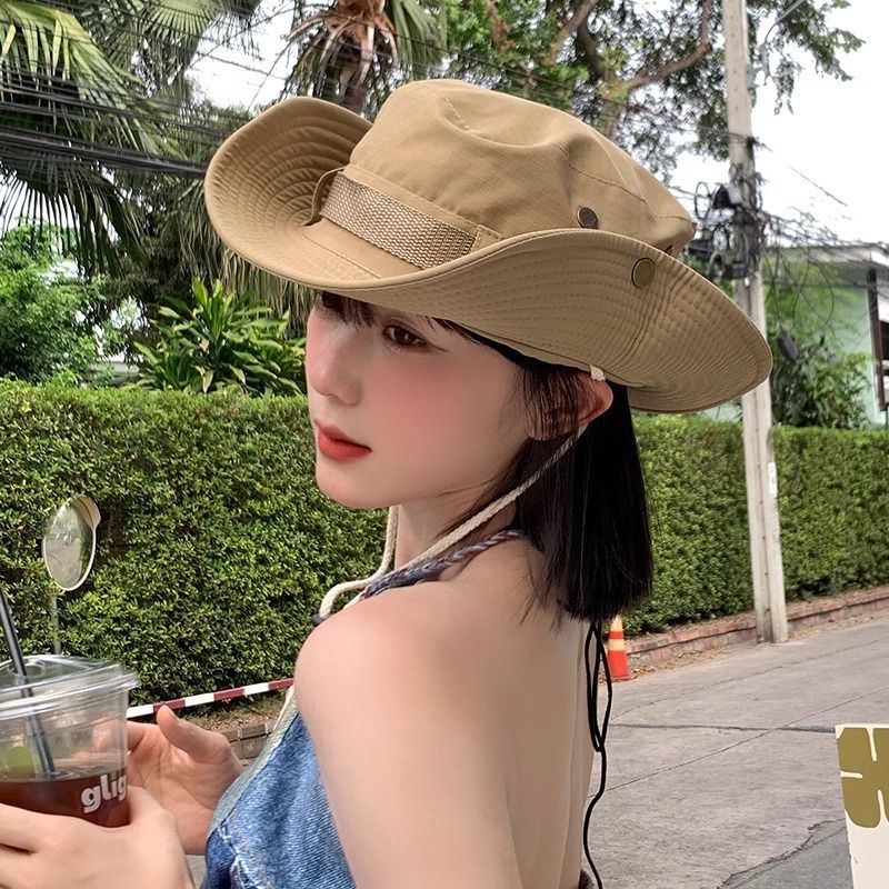 Khaki Unisex Foldable Outdoor Sun Hat - Polyester Wide Brim Bucket Hat with Adjustable Chin Strap, Breathable Design, Travel Friendly, Hiking Camping Beach